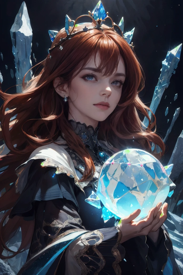 upper body, (absurdres, highres, ultra detailed), 1woman, mature female, aged up, wavy long hair, auburn hair, coral eyes, bangs, long sleeves, finely detailed eyes and detailed face, extremely detailed CG unity 8k wallpaper, intricate details, (style-swirlmagic:1.0),  looking at viewer, solo, upper body, detailed background, close up,  detailed face, (gothic dark ages theme:1.1), crystal sorcerer,  dynamic pose, earth themed clothes, crystal crown,  floating in the air, glowing magical shards, surrounded by blue magical crystals,  rock formations, stalactites,  magical floating particles, crystal glass,  crystal sphere, crystal canyon background, (shallow water:0.7),  epic ethereal atmosphere,   updraft,, portrait