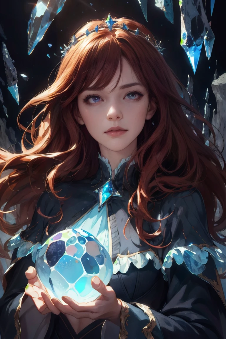 upper body, (absurdres, highres, ultra detailed), 1woman, mature female, aged up, wavy long hair, auburn hair, coral eyes, bangs, long sleeves, finely detailed eyes and detailed face, extremely detailed CG unity 8k wallpaper, intricate details, (style-swirlmagic:1.0),  looking at viewer, solo, upper body, detailed background, close up,  detailed face, (gothic dark ages theme:1.1), crystal sorcerer,  dynamic pose, earth themed clothes, crystal crown,  floating in the air, glowing magical shards, surrounded by blue magical crystals,  rock formations, stalactites,  magical floating particles, crystal glass,  crystal sphere, crystal canyon background, (shallow water:0.7),  epic ethereal atmosphere,   updraft,, portrait