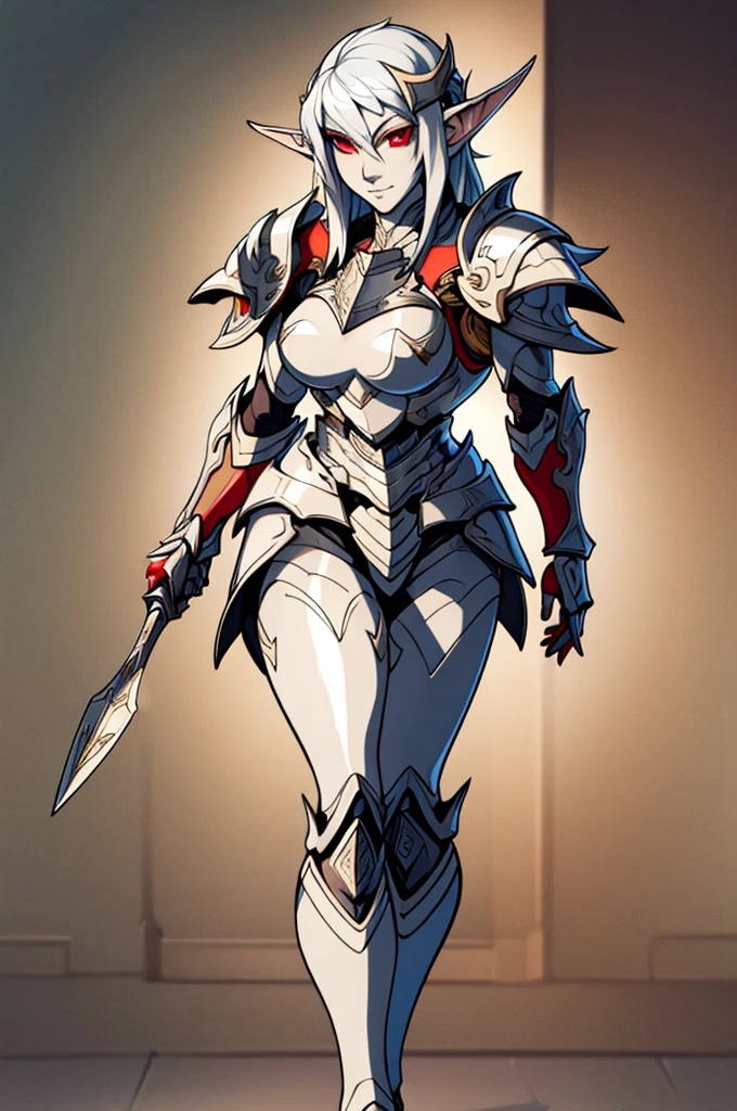 female elf knight, full body art, silver hair, white skin, red iris eye, knight full plate adorned armor, silver cape, perfectly detailed