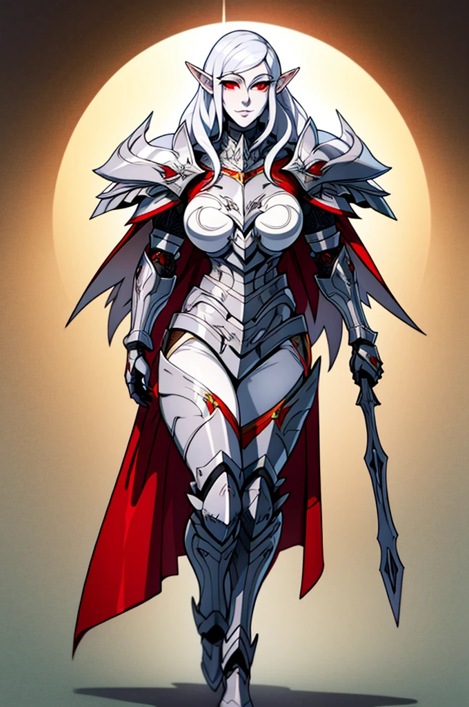 female elf knight, full body art, silver hair, white skin, red iris eye, knight full plate adorned armor, silver cape, perfectly detailed