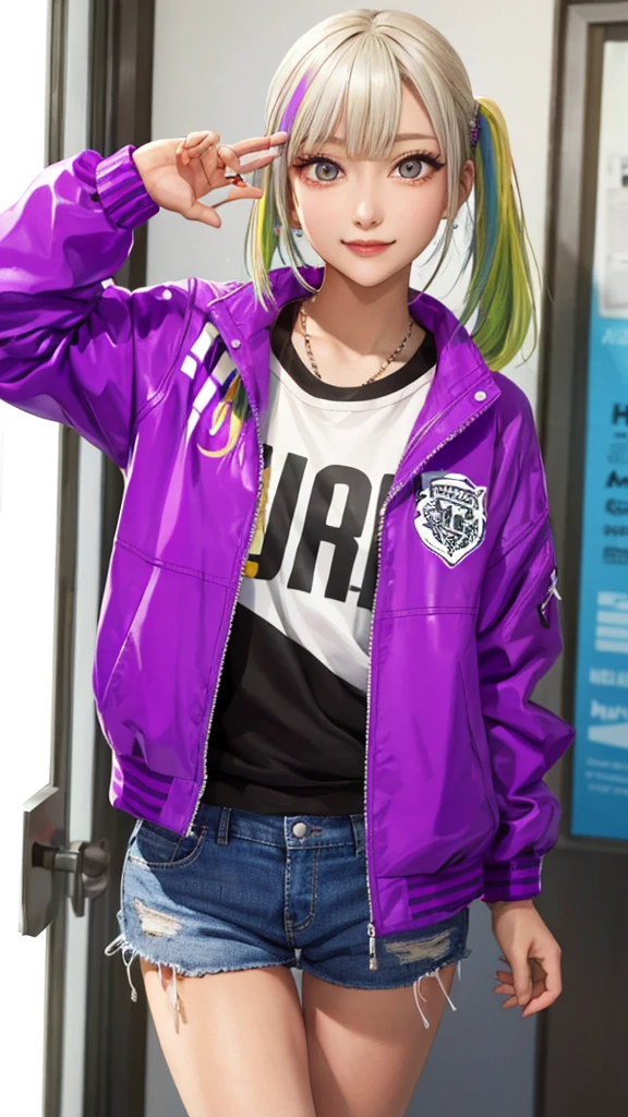1girl jacket ,phone,multicolored hair,hairclip,bracelet,(masterpiece, high quality:1.2) 