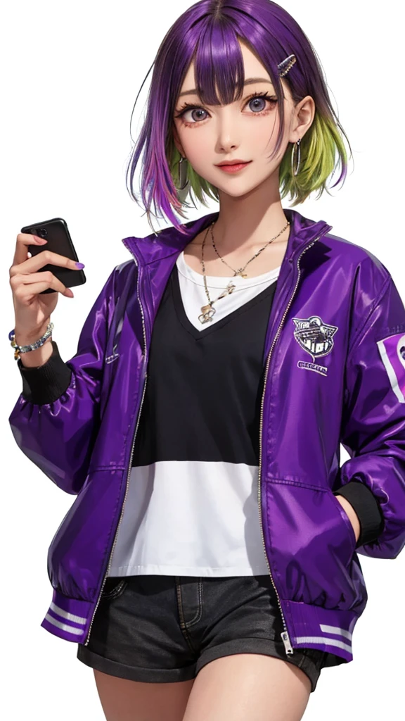 1girl jacket ,phone,multicolored hair,hairclip,bracelet,(masterpiece, high quality:1.2) 