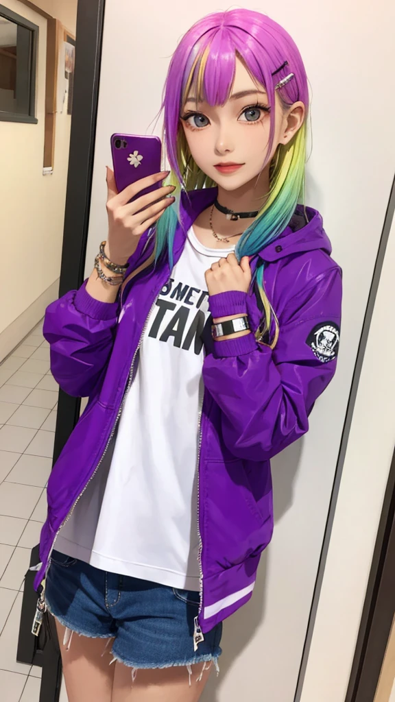 1girl jacket ,phone,multicolored hair,hairclip,bracelet,(masterpiece, high quality:1.2)