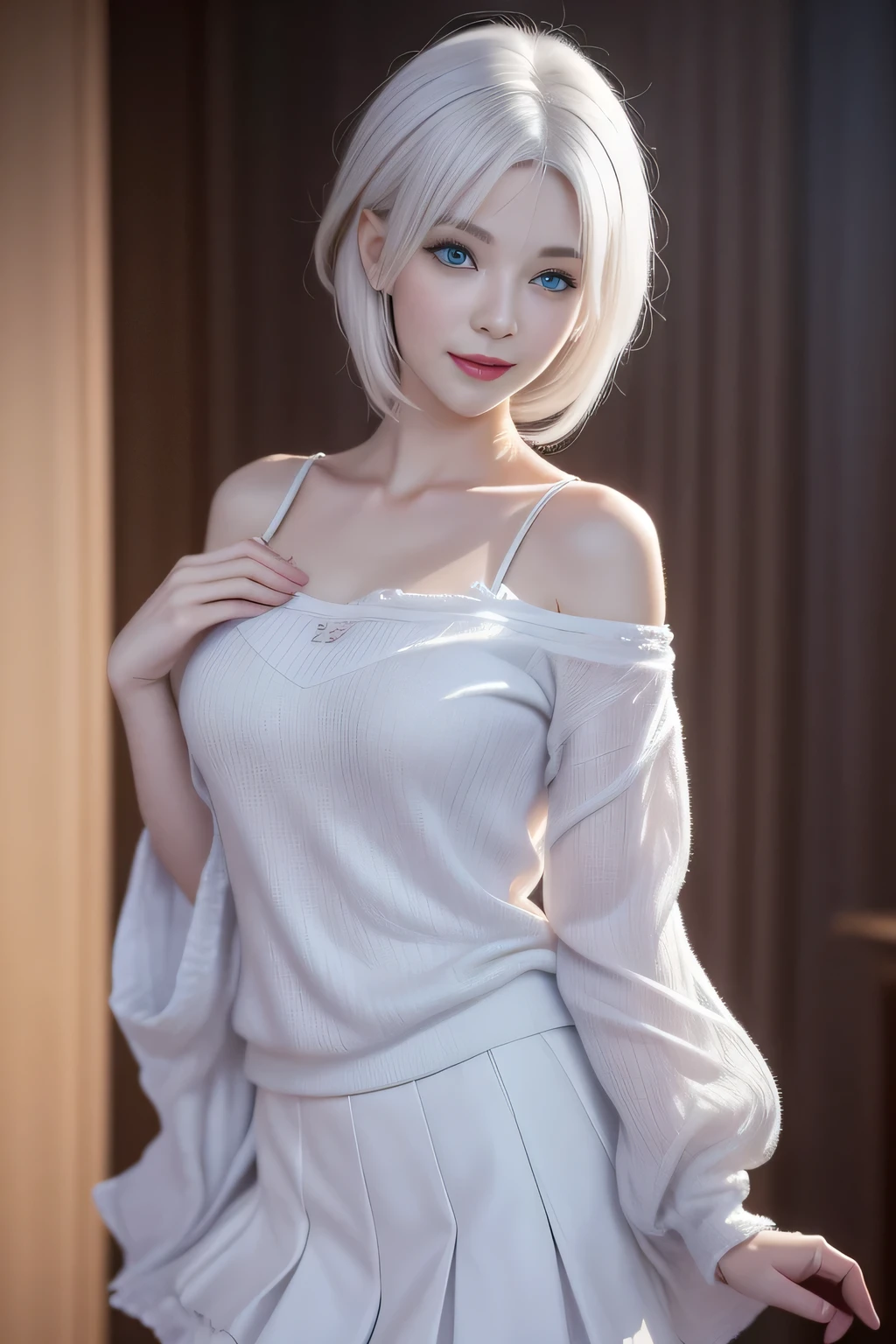 (blue eyes:1.2)、The most beautiful smile、(White hair:1.5)、、short hair, (Original Photography、Top quality)、(realism、Reality:1.3)、Top quality、masterpiece、Extremely exquisite and beautiful、Very detailed的、nffsw、Sense of solidarity、2k wallpapers、Gorgeous、Every detail is beautiful、masterpiece、A faint smile、Top quality、Highly detailed Unity 8k wallpaper、Huge file size、Extremely detailed、high resolution、Very detailed、1 female、Slim、D cup、(Black tights:0.7)、(Pink skirt:1.2)、Outlook、Be focused、Close-up of face、Pure complexion_v1:0.8.short hair、Instagram、The viewer's perspective、Selfie