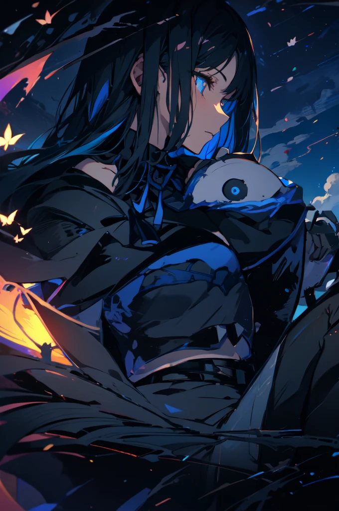 Beautiful hands, Beautiful dresasterpiece, (best quality:1.2), intricate details, ado, 1girl, multicolored hair, long hair, collared shirt, jacket, bangs, long sleeves, blue flower, (mature female:1.2), Ado, (dark blue hair, light blue inner), extra long hair, straight hair, blue eyes, slanted eyes, white inner shirt, (long black jacket, long black pants), (masterpiece, best quality:1.2), intricate details, ado, 1girl, multicolored hair, long hair, collared shirt, bangs, long sleeves, blue flower, (mature female:1.2), Stars and comets pass by in the open sky, Beautiful Clouds, A tree with glowing fireflies and butterflies々, (Ultra-realistic), {Highly detailed CG unit 8k wallpaper}, Vast landscape photography, (View from below with a panoramic view of the sky, vast open field vision), (Low angle shot), (Light: 1.5), (warm Light source: 1.2), Intricate details, (Rainbow colors: 1.2), (bright Lighting), (atimospheric Lighting), dream-like, Magic, fairy tale
