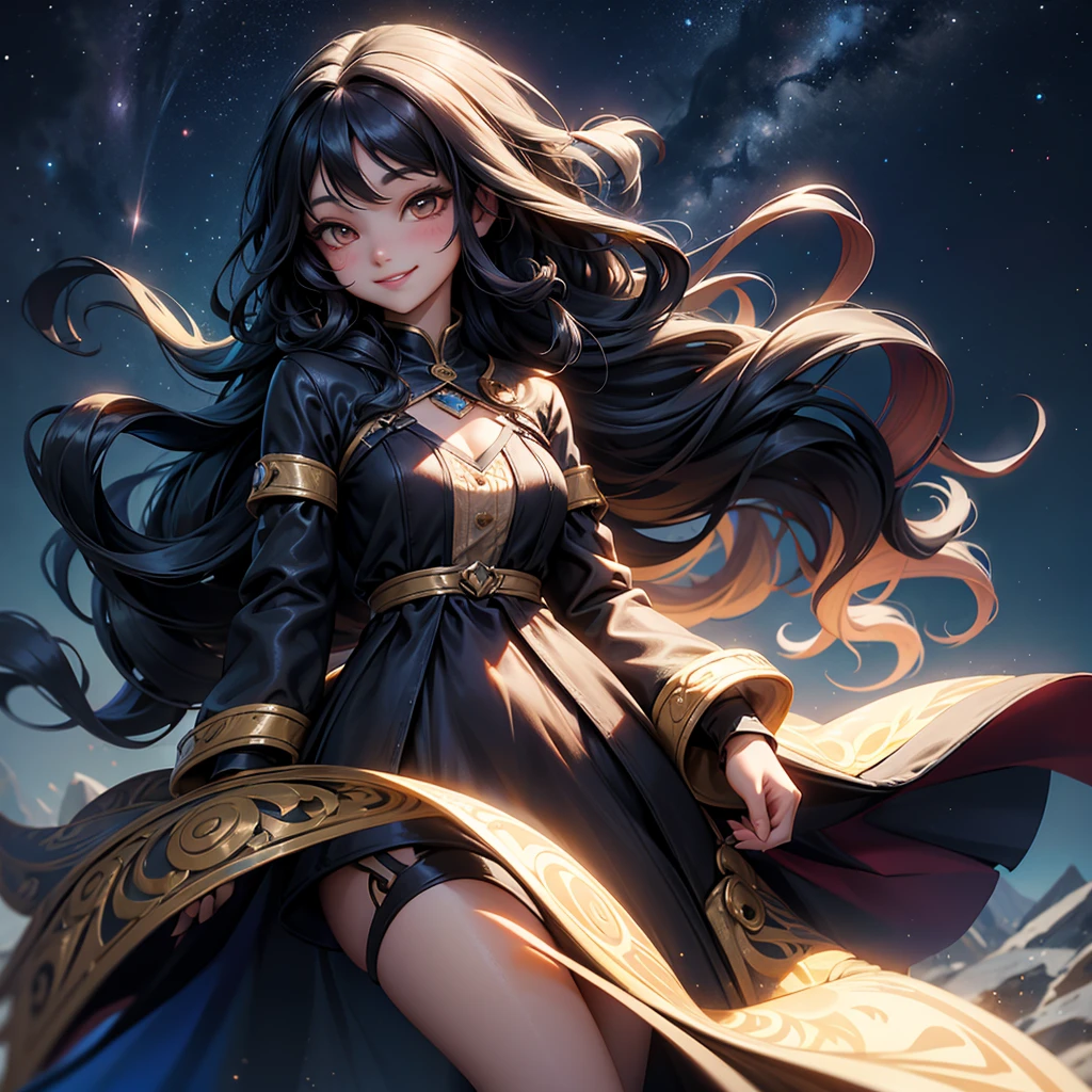 Woman with very long wavy black hair and big chest wearing a dress and smiling up. Little, surrounded by the night sky
