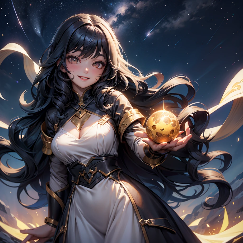 Woman with very long wavy black hair and big chest wearing a dress and smiling up. Little, surrounded by the night sky