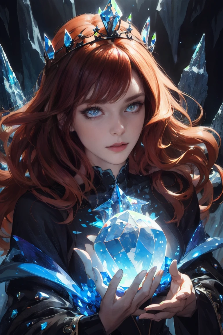 full body, (absurdres, highres, ultra detailed), 1woman, mature female, aged up, wavy long hair, auburn hair, coral eyes, bangs, long sleeves, finely detailed eyes and detailed face, extremely detailed CG unity 8k wallpaper, intricate details, (style-swirlmagic:1.0), looking at viewer, solo, upper body, detailed background, close up, detailed face, (gothic dark ages theme:1.1), crystal sorcerer, dynamic pose, earth themed clothes, crystal crown, floating in the air, glowing magical shards, surrounded by blue magical crystals, rock formations, stalactites, magical floating particles, crystal glass, crystal sphere, crystal canyon background, (shallow water:0.7), epic ethereal atmosphere, updraft,, portrait