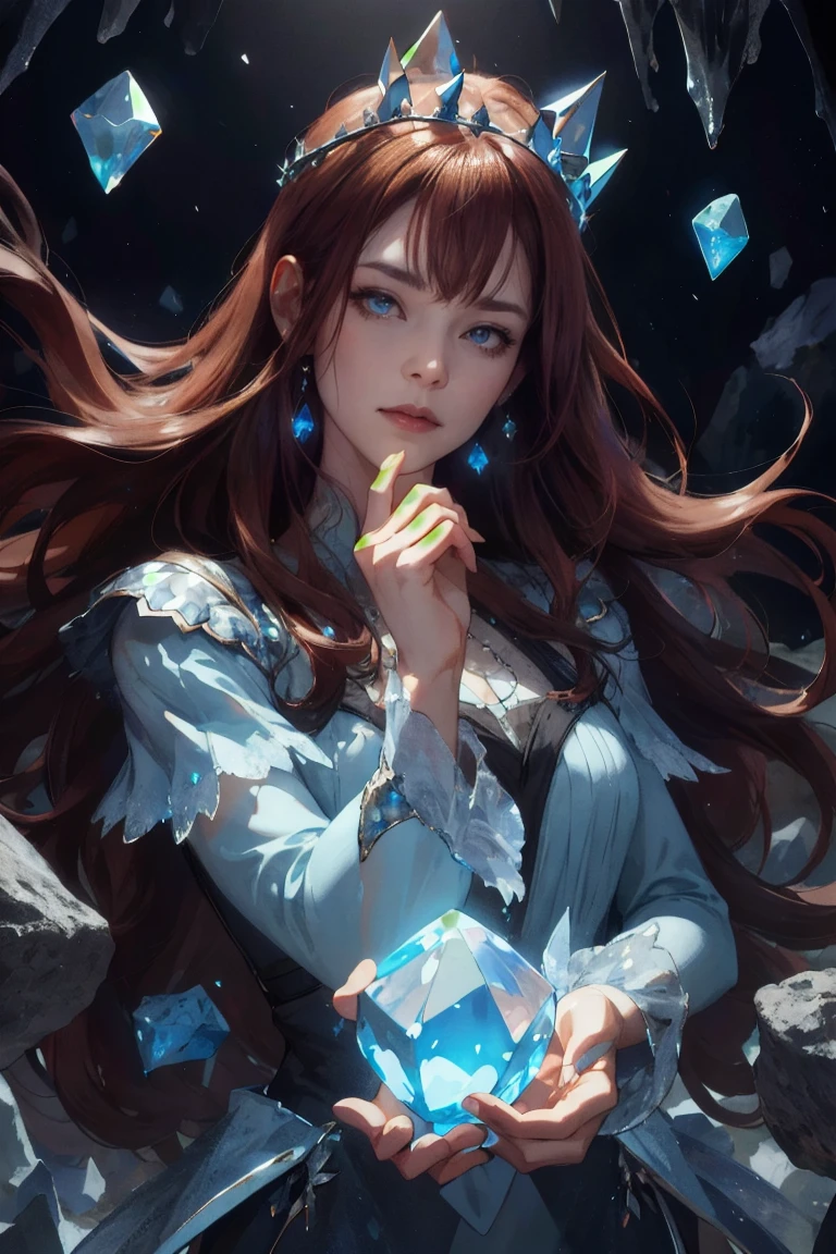 full body, (absurdres, highres, ultra detailed), 1woman, mature female, aged up, wavy long hair, auburn hair, coral eyes, bangs, long sleeves, finely detailed eyes and detailed face, extremely detailed CG unity 8k wallpaper, intricate details, (style-swirlmagic:1.0), looking at viewer, solo, upper body, detailed background, close up, detailed face, (gothic dark ages theme:1.1), crystal sorcerer, dynamic pose, earth themed clothes, crystal crown, floating in the air, glowing magical shards, surrounded by blue magical crystals, rock formations, stalactites, magical floating particles, crystal glass, crystal sphere, crystal canyon background, (shallow water:0.7), epic ethereal atmosphere, updraft,, portrait