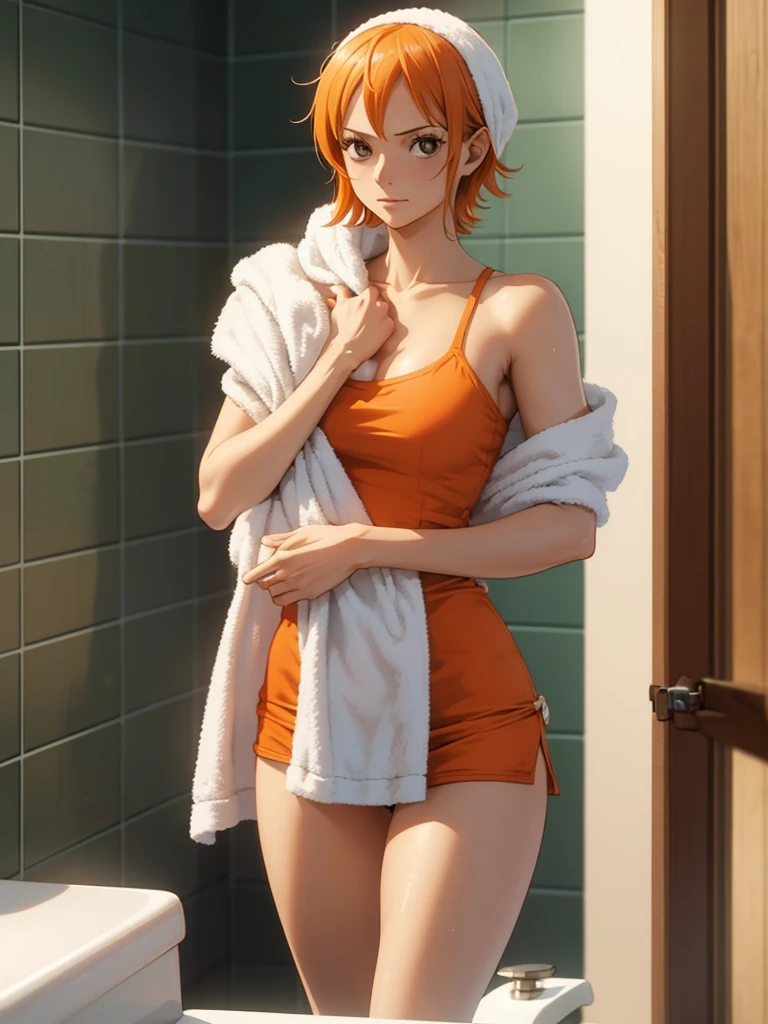 Nami from one-piece, 1women, wearing a bathing towel, ready bath, at a bathroom, white colour towel, orange colour short hair, 8k, high detailed, high quality
