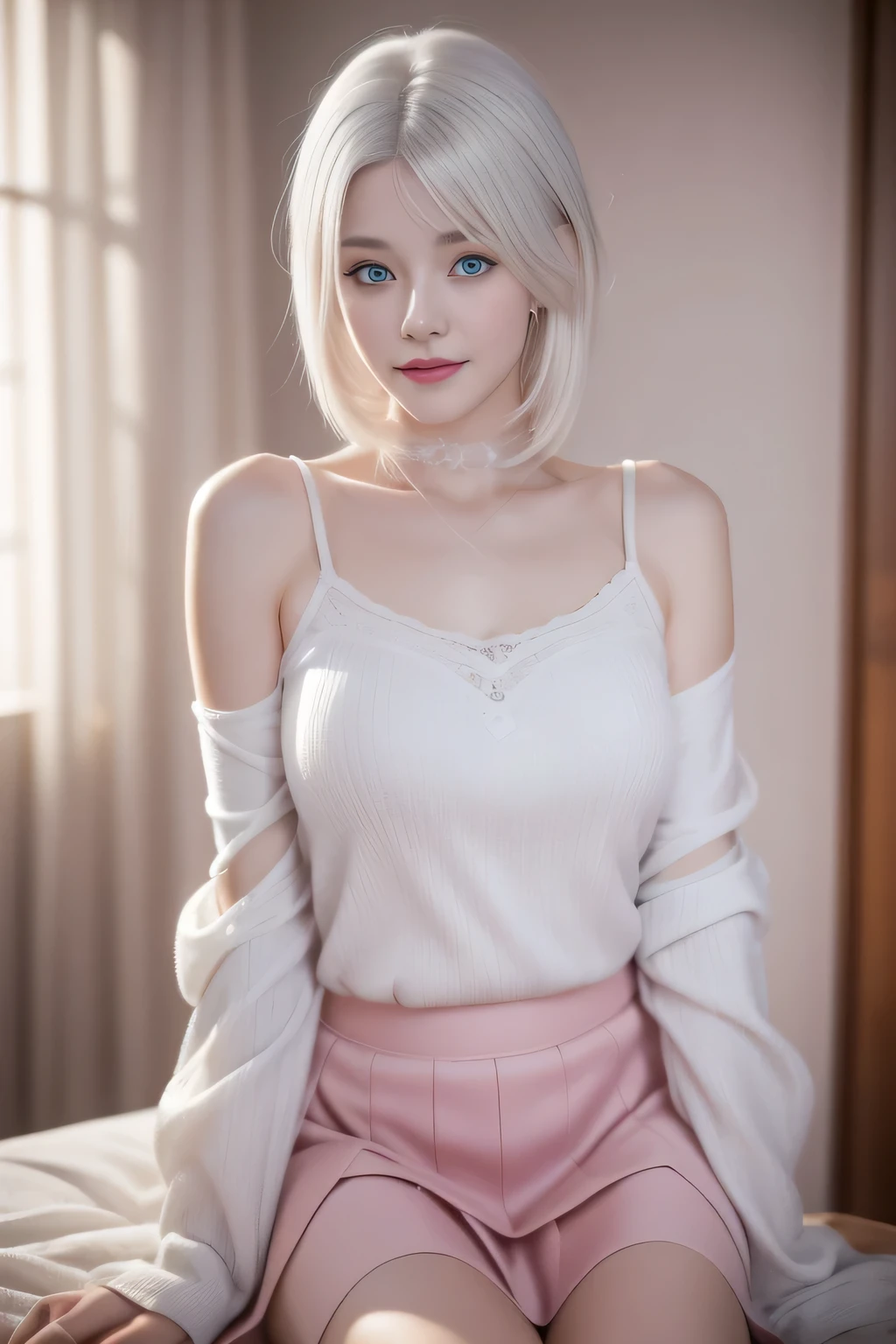 (blue eyes:1.2)、The most beautiful smile、(White hair:1.5)、、short hair, (Original Photography、Top quality)、(realism、Reality:1.3)、Top quality、masterpiece、Extremely exquisite and beautiful、Very detailed的、nffsw、Sense of solidarity、2k wallpapers、Gorgeous、Every detail is beautiful、masterpiece、A faint smile、Top quality、Highly detailed Unity 8k wallpaper、Huge file size、Extremely detailed、high resolution、Very detailed、1 female、Slim、D cup、(Black tights:0.7)、(Pink skirt:1.2)、Outlook、Be focused、Close-up of face、Pure complexion_v1:0.8.short hair、Instagram、The viewer's perspective、Selfie