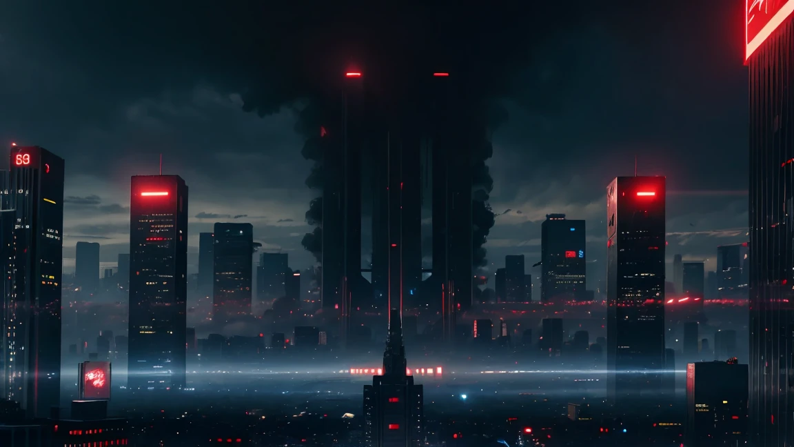 (Tech Black, dystopia:1.2), Overcrowded cities, lights blue and red, captivating beauty, masterpiece, highest quality, realistic digital art, detailed background, 8k wallpaper