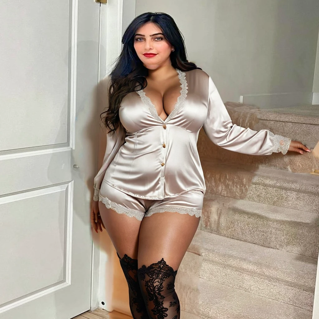 a beautiful woman wearing a black sexy pajamas, curvy body, deep cleavage, thick thighs, realistic, high quality, 4k, photorealistic, intricate details, chiaroscuro lighting, warm color palette, elegant, sensual, alluring