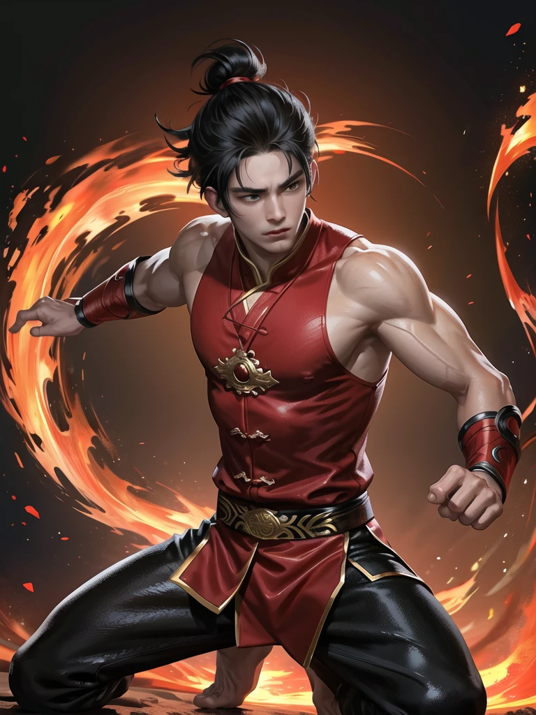 (Martial arts style works),(quality),(height),(Detailed background of a young boy.),(fire),(beautiful),(Wear a black and red outfit),(Thin muscles)(light and shadow),(1 man),(ornamentation),(Chinese anime subtitles),(One fire ring)