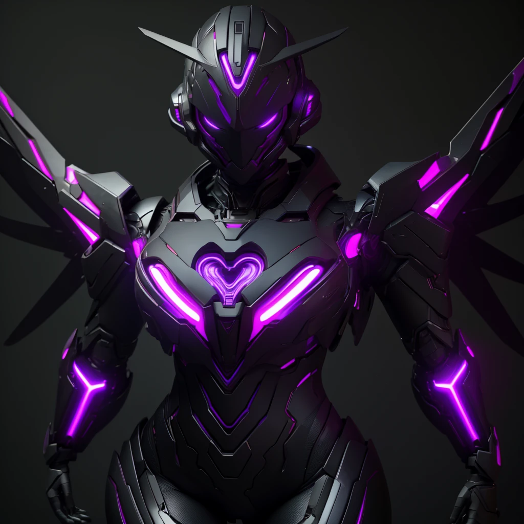 Dronificated unknown woman in a fully enclosed black latex fullbody space suit with purple lights across the suit and heart shaped glowing core in the chest, fully enclosed cyber helmet that cover her whole face and hides her identity with a gundam face, huge breast, narrow waist, wide hips and thick thighs, mechanical wings, in a storage facility, no face, no hair, no mouth, no eyes, (masterpiece), (highres) (full body)