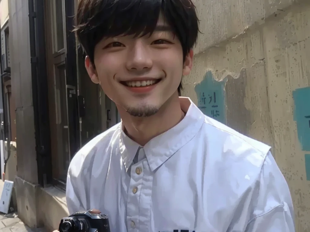 sharp man holding a camera in front of a building, Jungkook, smiling right, Tae June Kim, while smiling for a photograph, insane smile, shy smile, smiling shyly, hyung tae, adorable and pale korean face, charming smile, charming malicious smile, Jinyoung Shin, kentaro miura style!!!!, malicious smile, smiling sweetly, kind smile