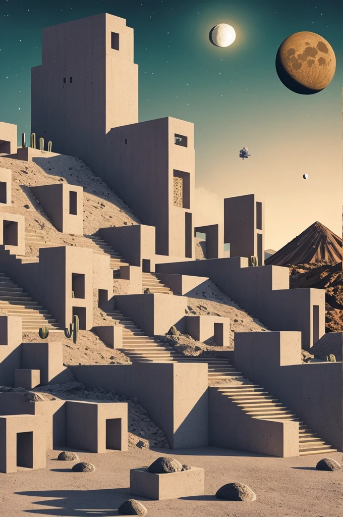 An illustration in collage style, with giant boulders, brutalist building sections, stairs, cacti, agave, concrete texture, multiple geometric shapes, hatch and cross hatching, planet saturn, volcano, moon, Luis Barragán's architectural style build