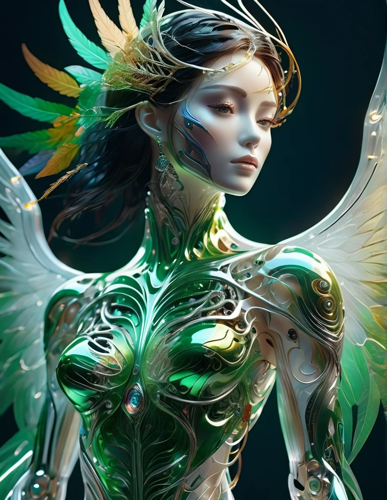 Complex 3d rendering ultra-detailed beautiful angel of death, biomechanical robot, simulated 150mm shot, beautiful natural soft edge light, crystal , roots, delicate leaf lace, colorful details,  earrings, piercings, intricate details, mesh thread, facial muscles, cable wires, microchips, badasses, surreal, ultra-detailed, octane rendering, volumetric lighting, 8k post-production, green and white with a touch of black, metallic skeleton details, half-human, rainbow colors, futuristic room, power of God, complex body poses, 