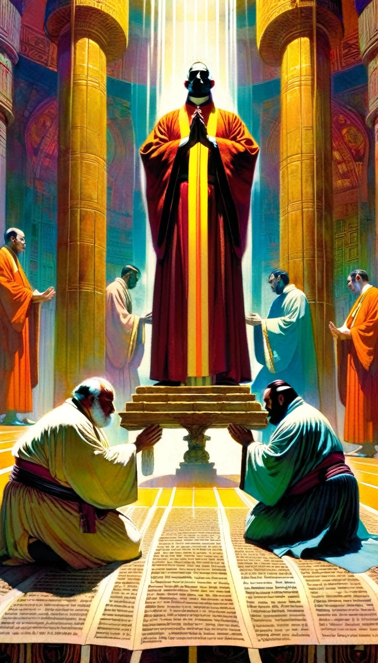 tarot card, the high priest,men pray kneeling before the priest in a great temple ((text on card: "EL SUMO SACERDOTE"))artwork artwork by Bill Sienkiewicz, vivid colors, intricate details, oil.
