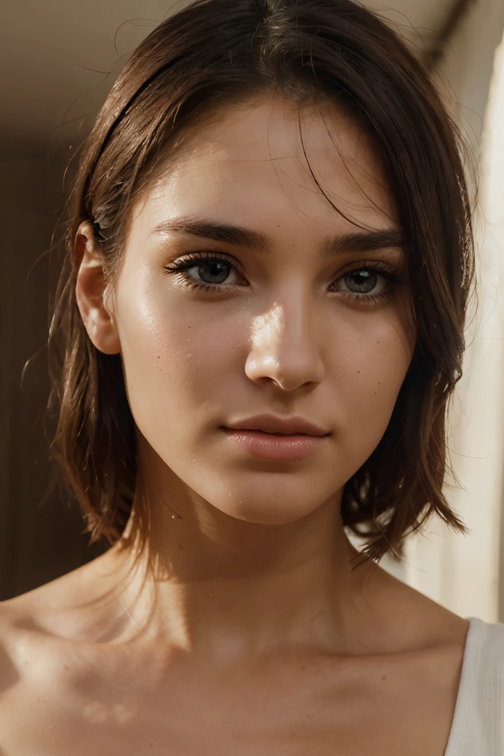 epic realism, woman face, beautiful skin, detailed eyes, thin nose, square jaw, front facing, light theme