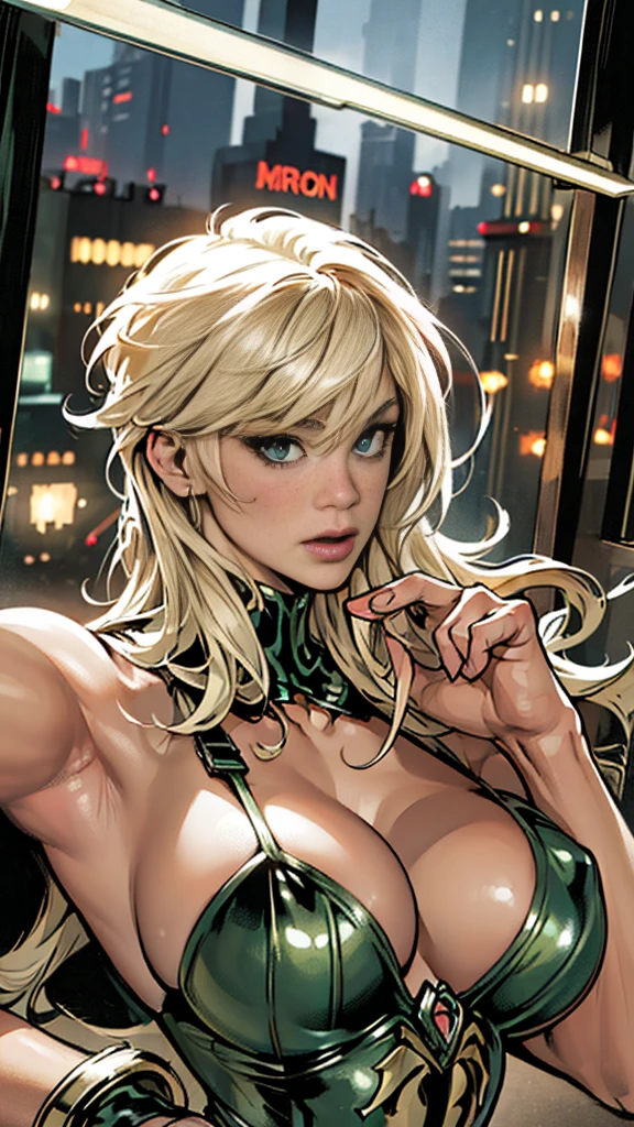 Photo of Cyborg Shyla Stylez, Upper body, green eyes, her porcelain skin complemented by sexy black leather lingerie, sci-fi background with clean, soft textures, biomechanical design elements akin to an anatomy illustration, hyperrealistic with intricate details, soft cinematic lighting, 8K resolution, global and volumetric lighting, HDR quality, depth of field, lush cinematography in the style of MDJRN-V4, Alphonse Mucha's intricate detailing, the perfect composition for an art piece trending on ArtStation. Blade Runner, night in the top of building, bjg city night.