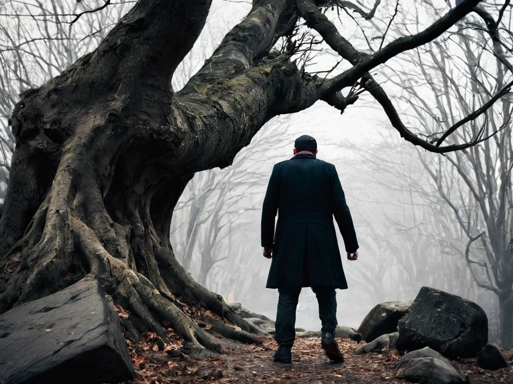 {A man close to the camera, standing backwards} with determination, overcoming visible obstacles on the way (like fallen stones and branches).