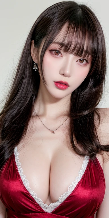 Canon RF 85mmf/1.2,masutepiece,Best Quality,超A high resolution,tu,1 girl,(Korean mixed,Kpop Idol:1.2),Solo,white_shiny_skin,Black eyes,Necklace,brown_long_Wavy_hair,Red lipstick bright_shiny_Lips,Eyelashes,Bangs,deal,make - up,shiny,Pore,skin texture,Bracelet,off shoulders,See-through,Big breasts