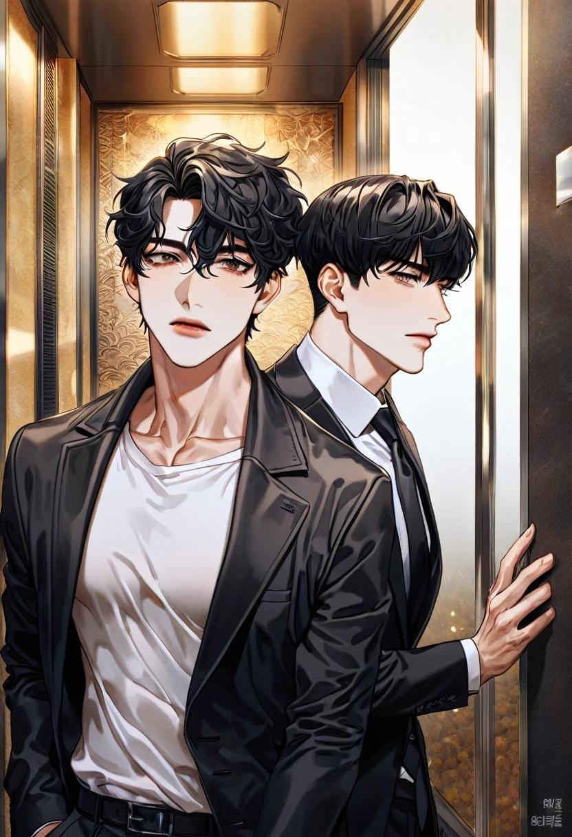absurdres, highres, ultra detailed, HDR, master piece, best quality, extremely detailed face, delicated features, Kim Dokja, black hair, straight hair, expressive brown eyes, omniscient reader's viewpoint, Yoo Joonghyuk, black wavy hair, short hair, expressive gray eyes, two sexy men standing together, gay couple, handsome, black jacket, white shirt, black necktie, window, hallway, elevator