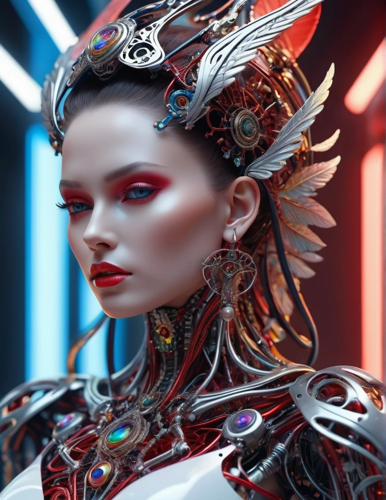 complex 3d render ultra detailed beautiful death angel, biomechanical cyborg, analog 150 mm lens, beautiful natural soft rim light, neon vein, roots, fine foliage lace, colorful details, Boris Bidjan Saberi outfit, pearl earrings, piercing, art nouveau fashion embroidered, intricate details, mesh wire, mandelbrot fractal, facial muscles, cable wires, microchip, badass, hyper realistic, ultra detailed, octane render, volumetric lighting, 8k post-production, red and white with a bit of black, detailled metalic bones, semi human, iridescent colors, Glenn Brown style, futuristic room, power of the god, high-angle shot, complex body poses