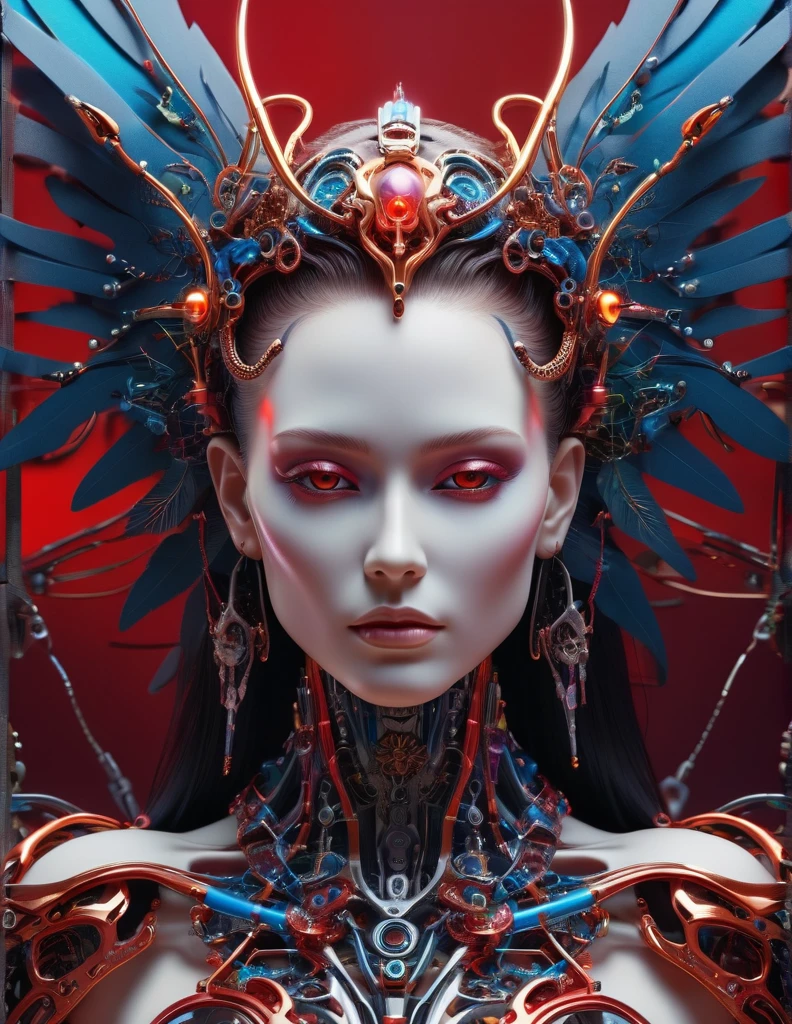 Intricate 3D Rendering Ultra Detailed Beautiful Angel of Death, Biomechanical Robot, Simulated 150mm Lens, Beautiful Natural Soft Rim Light, Neon Veins, Roots, Delicate Leaf Lace, Colorful Details, Boris Bidjan Saberi Costume, Pearl Earrings, Piercings , art nouveau fashion embroidery, intricate details, mesh lines, mandelbrot fractals, facial muscles, cables, microchips, thugs, surreal, octane, volumetric lighting, 8k and post production, red white with a bit Black, metal skull detail, half human figure, iridescent, Glenn Brown style, futuristic room, god power, high angle shot, complex body poses