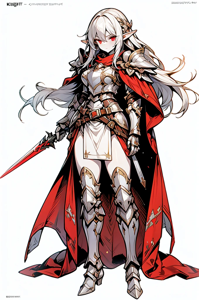 female elf knight, full body art, silver hair, white skin, red iris eye, knight full plate adorned armor, silver cape, perfectly detailed