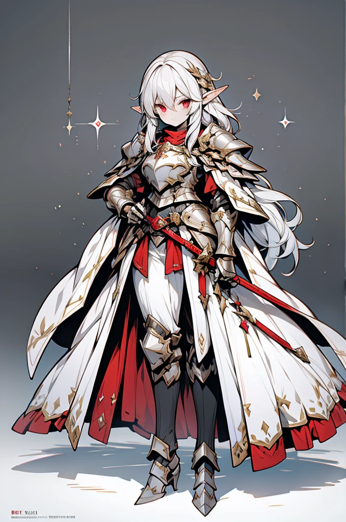 female elf knight, full body art, silver hair, white skin, red iris eye, knight full plate adorned armor, silver cape, perfectly detailed