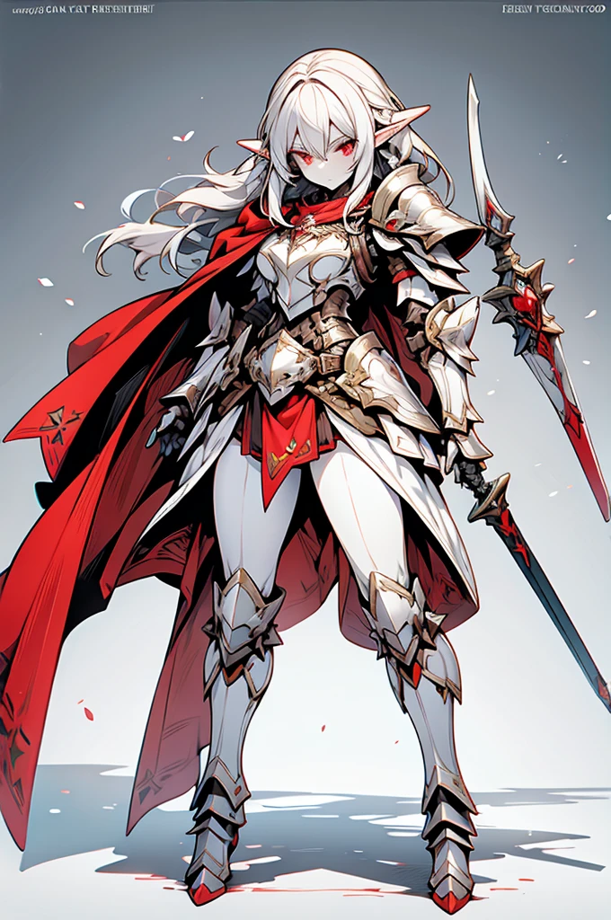 female elf knight, full body art, silver hair, white skin, red iris eye, knight full plate adorned armor, silver cape, perfectly detailed