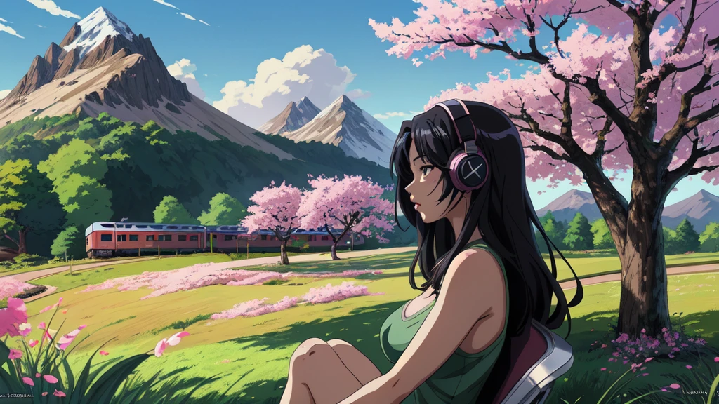 Anime girl with headphones in the train, a cherry tree in the background sam yang, 1girl, black hair, breasts, closed mouth, day, grass, headphones, lips, long hair, mountain, outdoors, profile, shadow, small breasts, solo, tree , ((masterpiece)) anime background art, amazing wallpaper, background art, hd wallpaper, relaxing concept art, beautiful wallpaper, high quality desktop wallpaper, background artwork, pc wallpaper, anime background, wallpaper hd, 8K image quality, Masterpiece