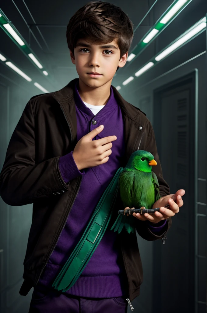 Boy with brown hair black eyes black jacket with supernatural powers purple rays in his hands and a green bird next to him robot