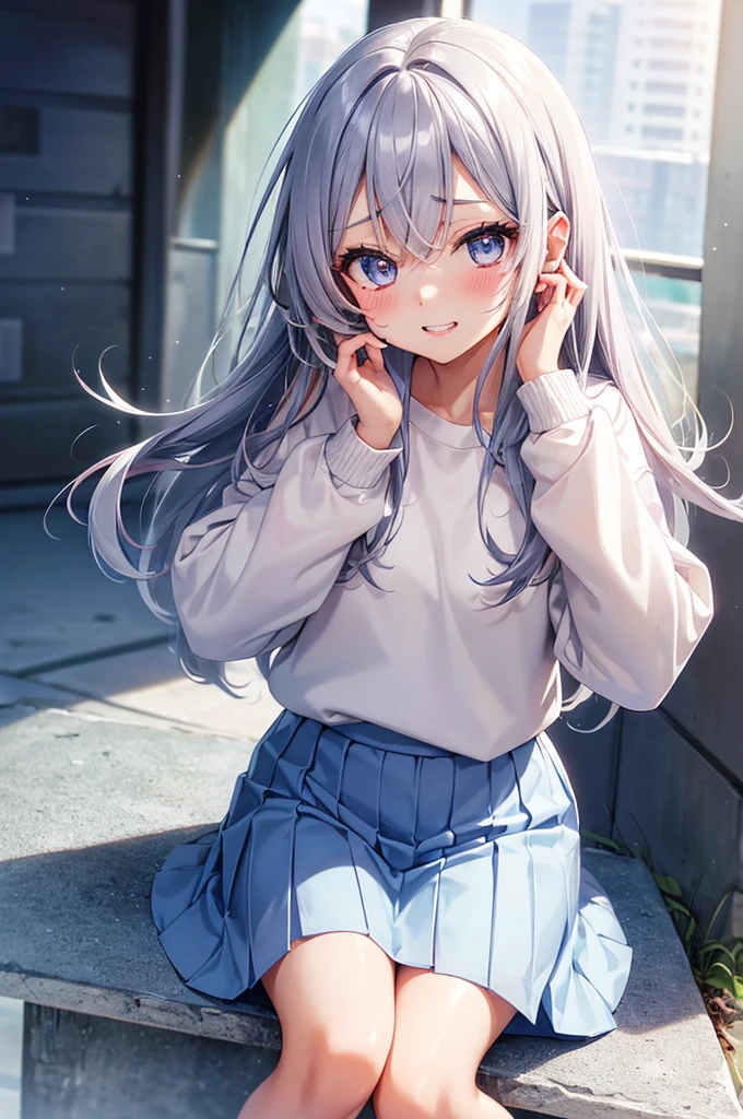 Grin, From above, (Squint your eyes:1.2), close, One Girl, blush, sit, nsfw,beautiful girl Wear a uniform, Light blue skirt, Long skirt, small bow, small bow, anime movie((masterpiece)), ((Highest quality)), (anime:1.3), (Super detailed:1.2), (High resolution:1.3), (Professional photography:1.3), ((12 years old)), cute young Girl, Shiny, unruly hair, (Loosely swayed bangs), (Silver Ash Hair), Medium Hair, Big eyes, (Sagging under the eyes:1.5), (Long eyelashes), colorful eyes, (得意げでblushする), Open your mouth, Glossy Lips, (Jagged teeth), farewell, ((Oversized striped sweatshirt)), bare hands, cute, (Cover your face with your hands), (colorful:1.3), Gothic Makeup,