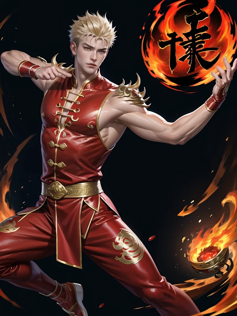 (Martial arts style works),(quality),(height),(Detailed background of a young boy.),(fire),(beautiful),(Wear a sexy red dress),(Thin muscles)(light and shadow),(1 man),(ornamentation),(Chinese anime subtitles),(One fire ring)