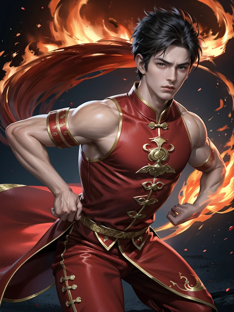 (Martial arts style works),(quality),(height),(Detailed background of a young boy.),(fire),(beautiful),(Wear a sexy red dress),(Thin muscles)(light and shadow),(1 man),(ornamentation),(Chinese anime subtitles),(One fire ring)