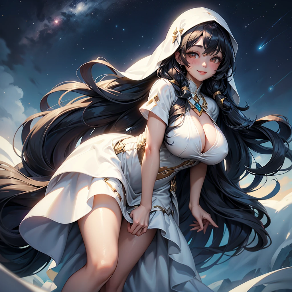 Woman with very long wavy black hair and  massive breast wearing a white dress and smiling up. Little, surrounded by the night sky