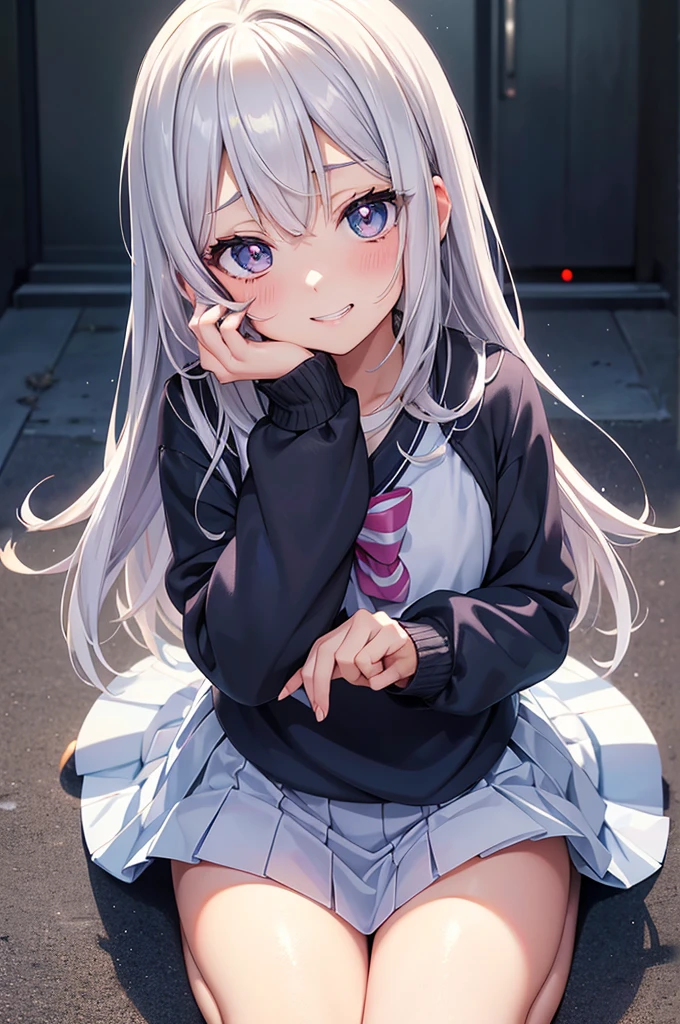Grin, From above, (Squint your eyes:1.2), close, One Girl, blush, sit, nsfw,beautiful girl Wear a uniform, Light blue skirt, Long skirt, small bow, small bow, anime movie((masterpiece)), ((Highest quality)), (anime:1.3), (Super detailed:1.2), (High resolution:1.3), (Professional photography:1.3), (()), cute young Girl, Shiny, unruly hair, (Loosely swayed bangs), (Silver Ash Hair), Medium Hair, Big eyes, (Sagging under the eyes:1.5), (Long eyelashes), colorful eyes, (得意げでblushする), Open your mouth, Glossy Lips, (Jagged teeth), farewell, ((Oversized striped sweatshirt)), bare hands, cute, (Cover your face with your hands), (colorful:1.3), Gothic Makeup,