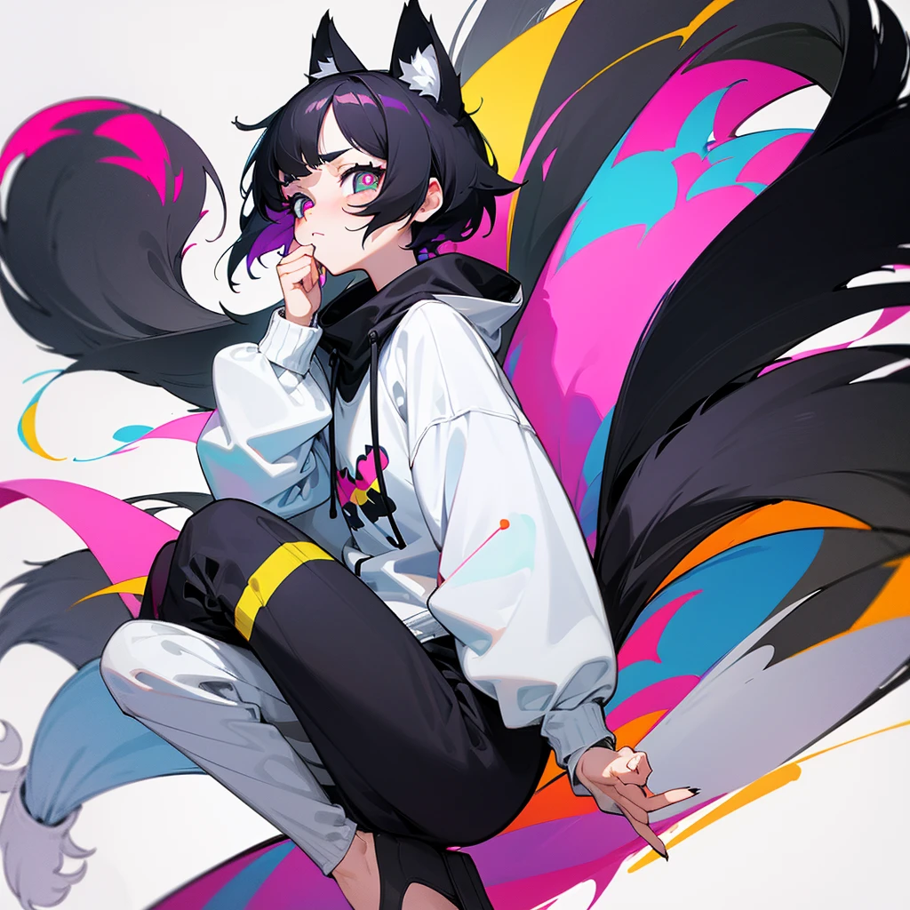black cat,hairy,furry,Colorful Patterned White Sweatshirt,Black casual pants with white stripes,Q version,cute,Simple art style,Cartoon style,There is little love in the eyes,black pupils,White hair on paws,Black hair on ears, white hair on ear tips,black hair on back,Black tail with white tip,side,dislike,qwq face,sad,Colorful graffiti background