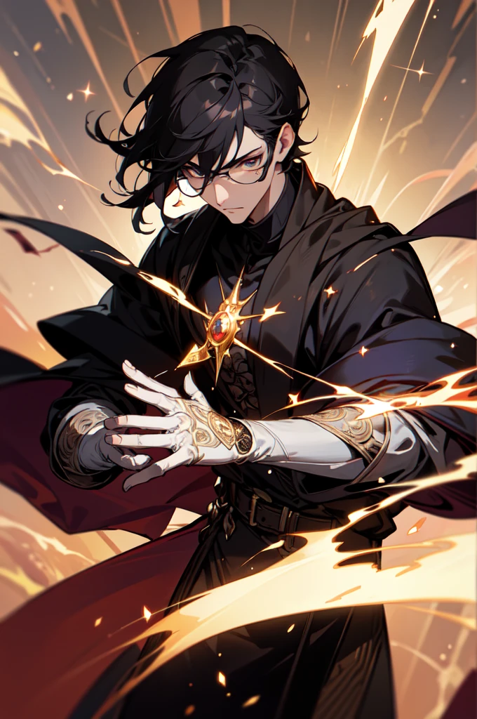masterpiece, best quality, 1 male, young, tall muscular, handsome, finely detailed eyes, intricate details, black hair, short hair, evil face, solo, upper body, detailed dark shadow background, detailed face, good sorcerer, color magical robes, determined expression, white color scheme, dark crimson light, glowing magical runes, realistic lighting, floating particles, sparks, surrounded by gold lightning red arcane symbols, corrupted by eldritch power, bloom, glasses, gloves