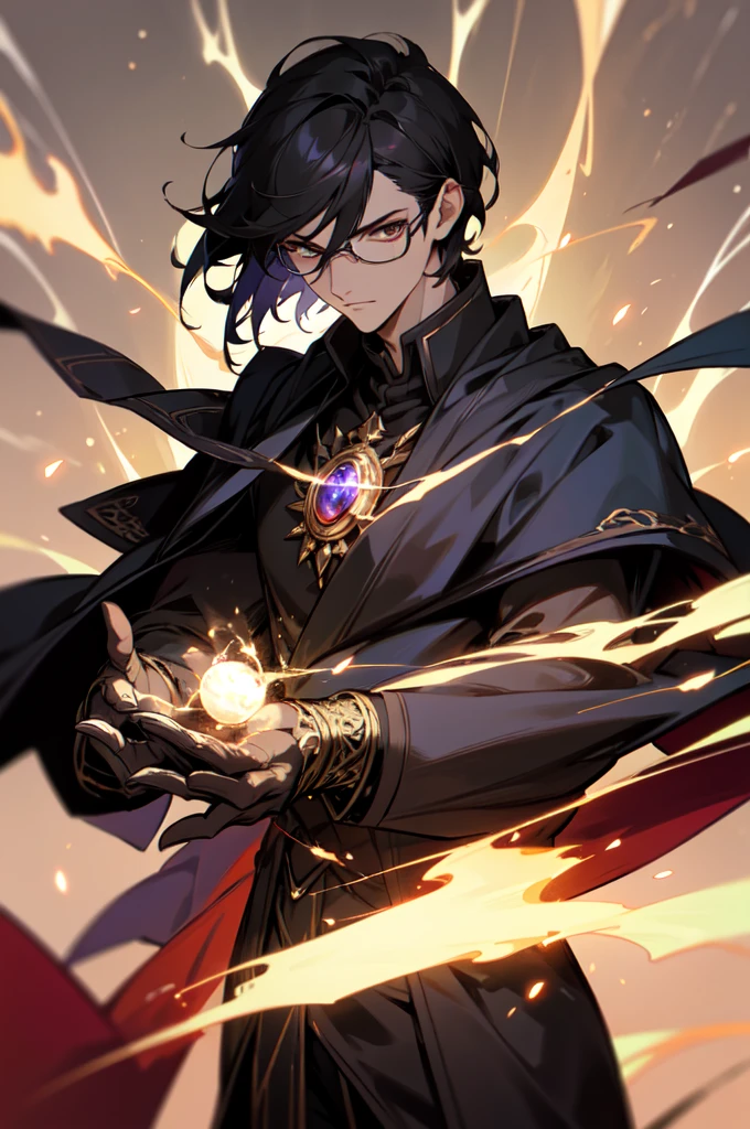 masterpiece, best quality, 1 male, young, tall muscular, handsome, finely detailed eyes, intricate details, black hair, short hair, evil face, solo, upper body, detailed dark shadow background, detailed face, good sorcerer, color magical robes, determined expression, white color scheme, dark crimson light, glowing magical runes, realistic lighting, floating particles, sparks, surrounded by gold lightning red arcane symbols, corrupted by eldritch power, bloom, glasses, gloves