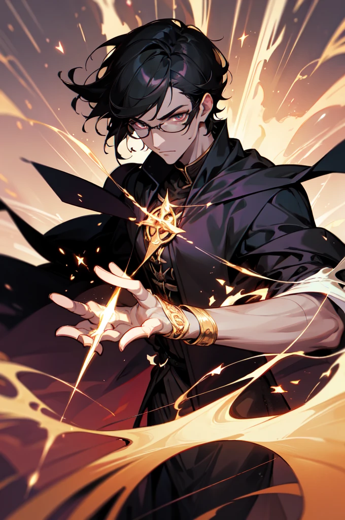 masterpiece, best quality, 1 male, young, tall muscular, handsome, finely detailed eyes, intricate details, black hair, short hair, evil face, solo, upper body, detailed dark shadow background, detailed face, good sorcerer, color magical robes, determined expression, white color scheme, dark crimson light, glowing magical runes, realistic lighting, floating particles, sparks, surrounded by gold lightning red arcane symbols, corrupted by eldritch power, bloom, glasses, gloves