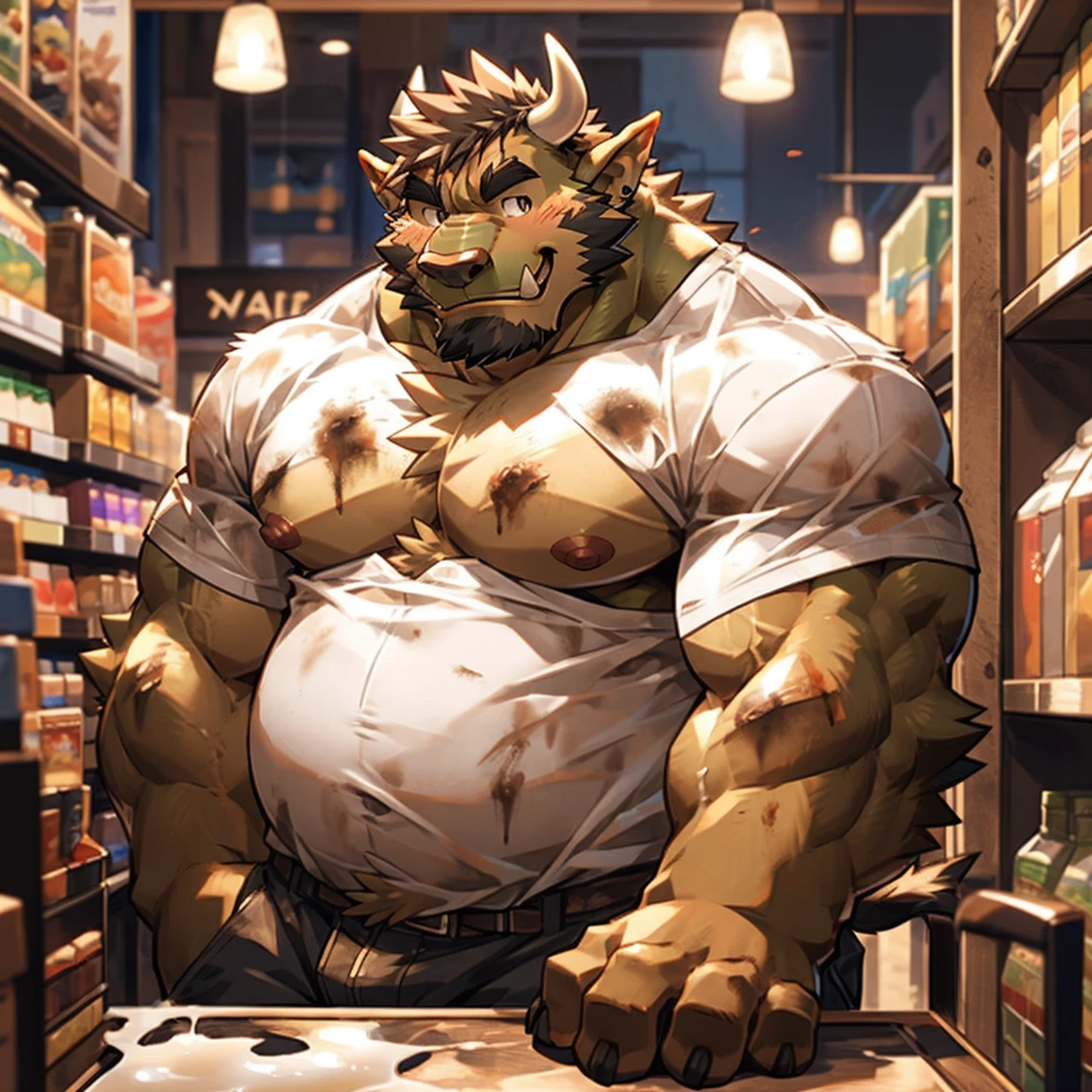 (CG 8K)Cow Orc,Brown fur,Very strong,dirty,obesity,Slightly raised buttocks,Shy smile,Facing the camera,Close-up of face,Prominent nipples,White shirt,The nipple produces milk,Stand in the store,solitary,author:Takemoto Arashi ,From zixiong