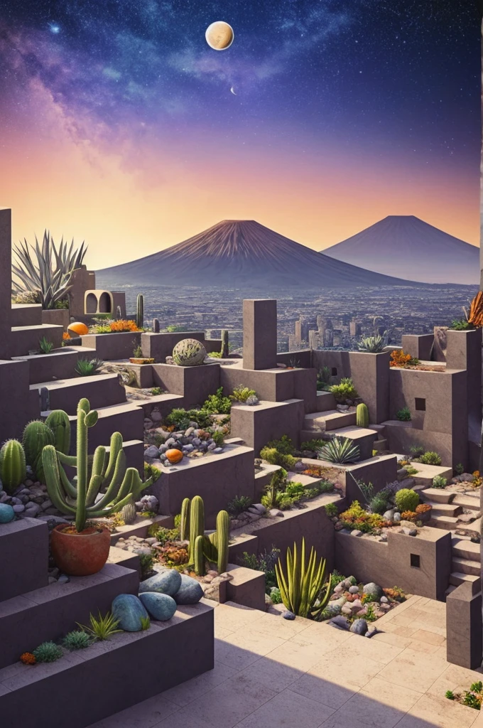 An illustration in collage style, with giant boulders, brutalist building sections, terraces, stairs, cacti, agave, concrete texture, multiple geometric shapes, hatch and cross hatching, planet saturn, volcano, moon, Luis Barragán's architectural style build, milky way galaxy, violet and orange