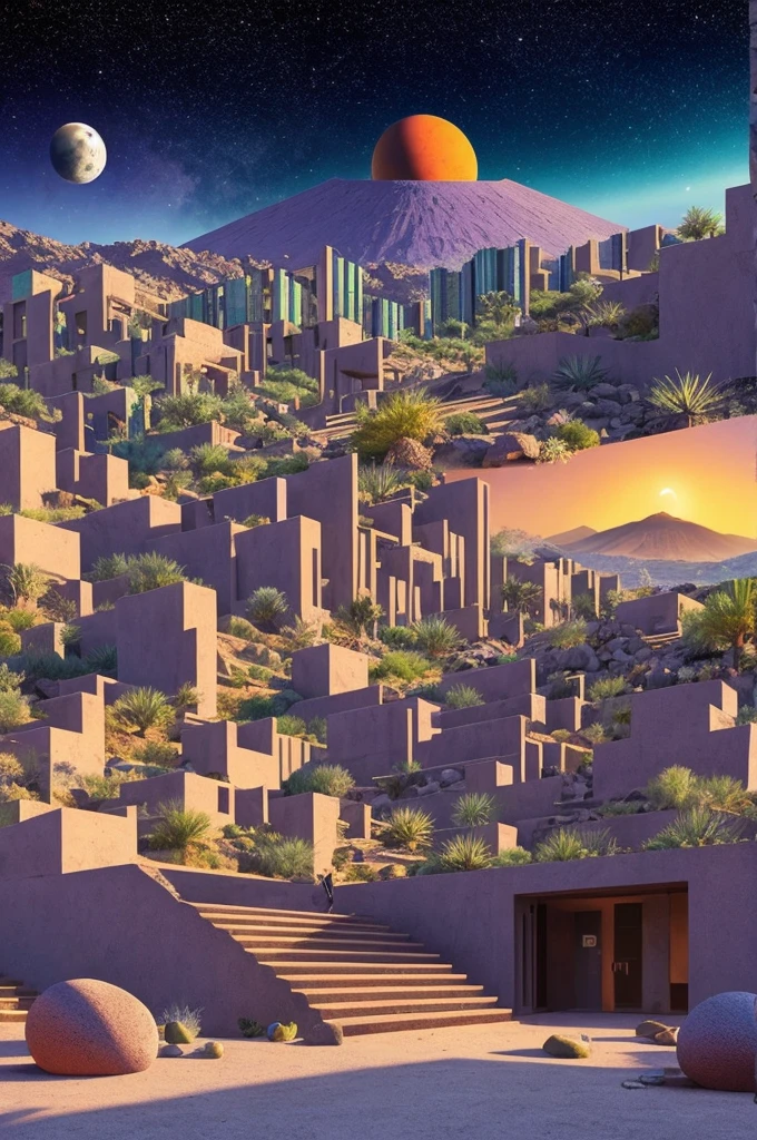 An illustration in collage style, with giant boulders, brutalist building sections, terraces, stairs, cacti, agave, concrete texture, multiple geometric shapes, hatch and cross hatching, planet saturn, volcano, moon, Luis Barragán's architectural style build, milky way galaxy, violet and orange
