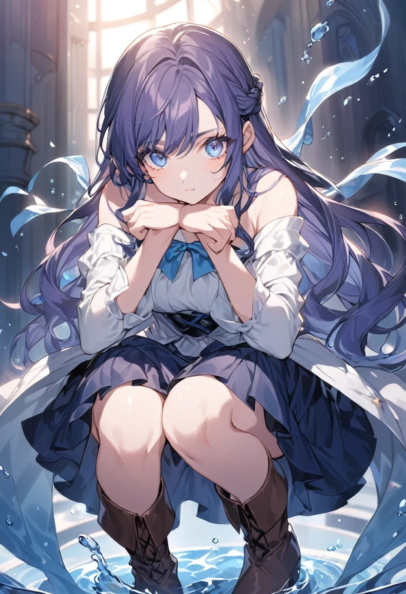 20 years old anime girl, with short dark blue hair to the shoulders, a serious yet tender expression, and bright light blue eyes. She dresses in an antique style, wearing a long dark blue skirt that reaches her knees, and small dark brown boots up to her ankles. Her white blouse is long-sleeved, covering her fingers slightly, and falls off one shoulder, leaving it exposed. She possesses water powers and has a water-themed background.