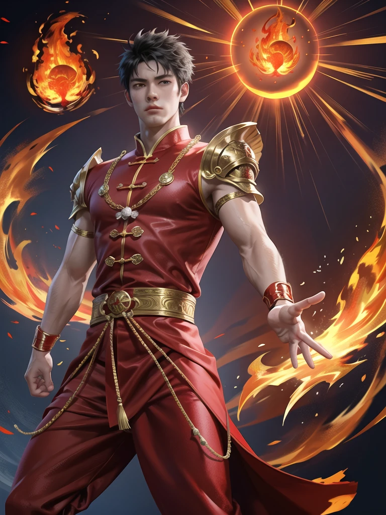 (Martial arts style works),(quality),(height),(Detailed background of a young boy.),(fire),(beautiful),(Wear a red dress.),(Big muscles)(light and shadow),(1 man),(ornamentation),(Chinese anime subtitles),(One fire ring)