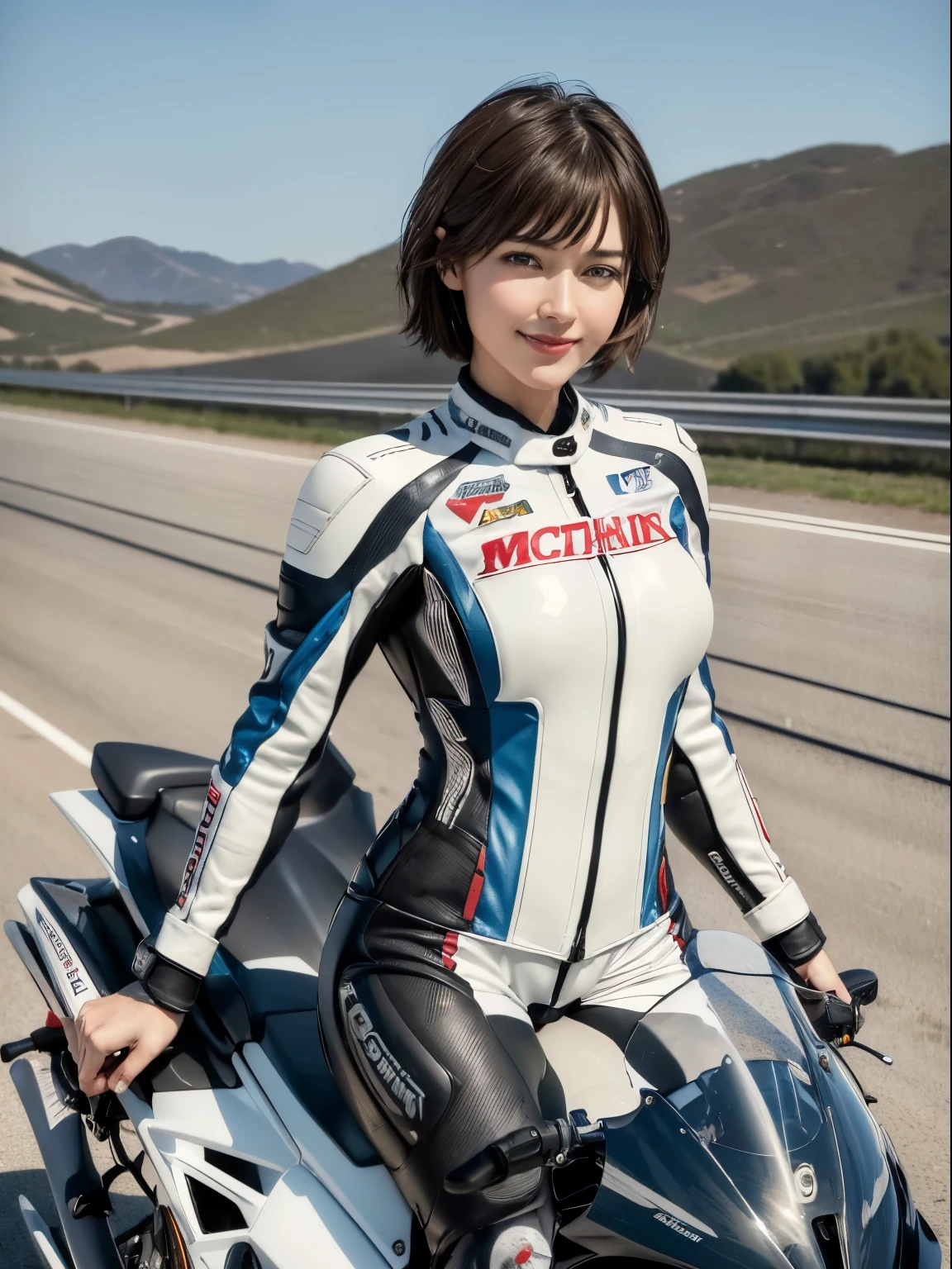 (8K, Highest quality photo quality:1.3), so beautiful, .3d, Brown Hair、Very Short Hair, blue eyes, (Abdominal muscles, Slim figure: 1.1), Sharp focus, (((Intricate details)), Beautiful and delicate lips, Beautiful and delicate nose, Beautiful and delicate face, Beautiful and delicate eyes, ((Realisticなしっとりと白い肌)), (Realistic, Realistic), Cinematic Light, Face Light, Attractive long limbs, smile, (((Detailed Motorcycle)))、(((Riding a motorcycle)))、Full Body Shot、White fitted long sleeve racing leather suit